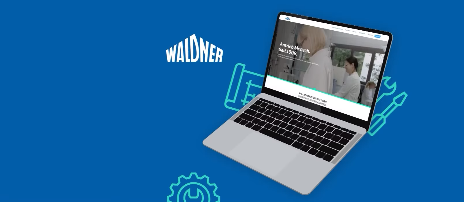 WALDNER Unternehmenswebsite auf einem Laptop vor blauem Hintergrund mit technischen Grafikelementen.
